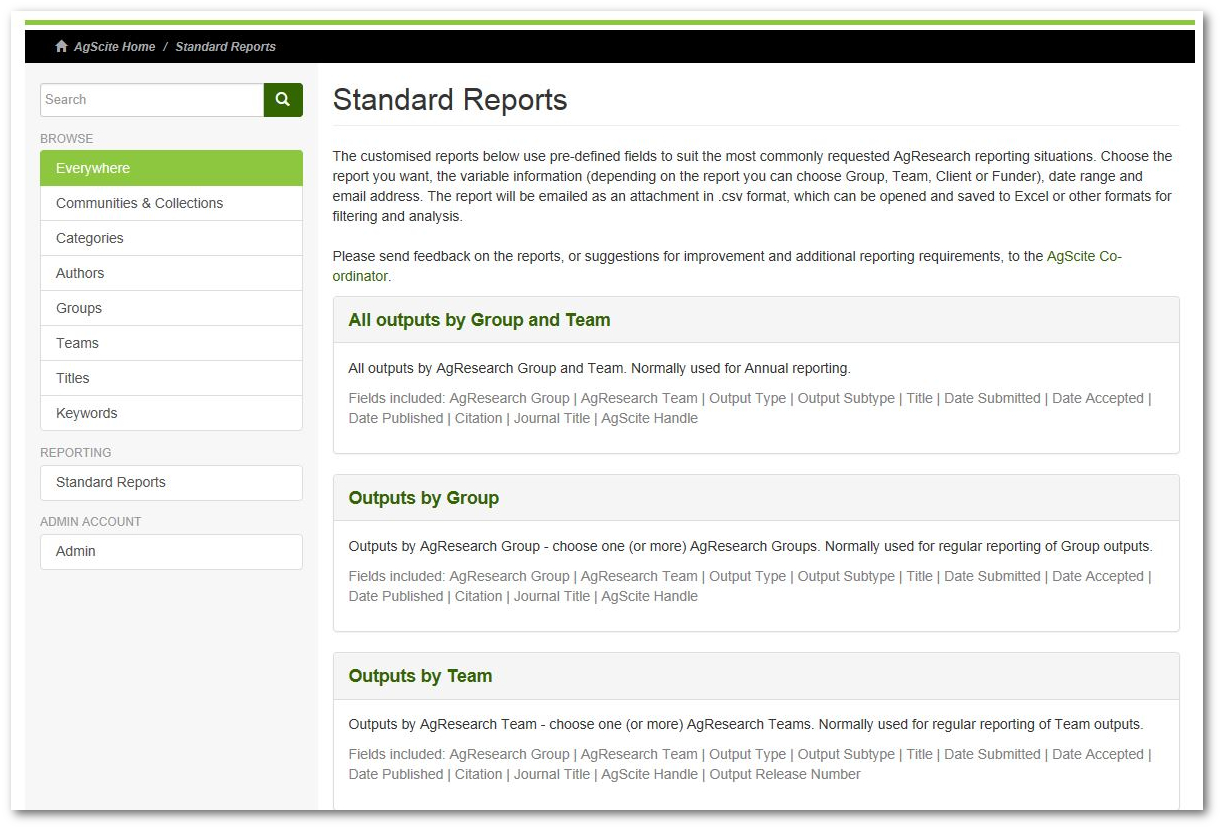 The reports screen